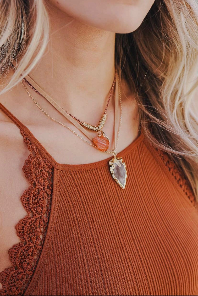 Carnelian & Brown Agate layered suede necklace