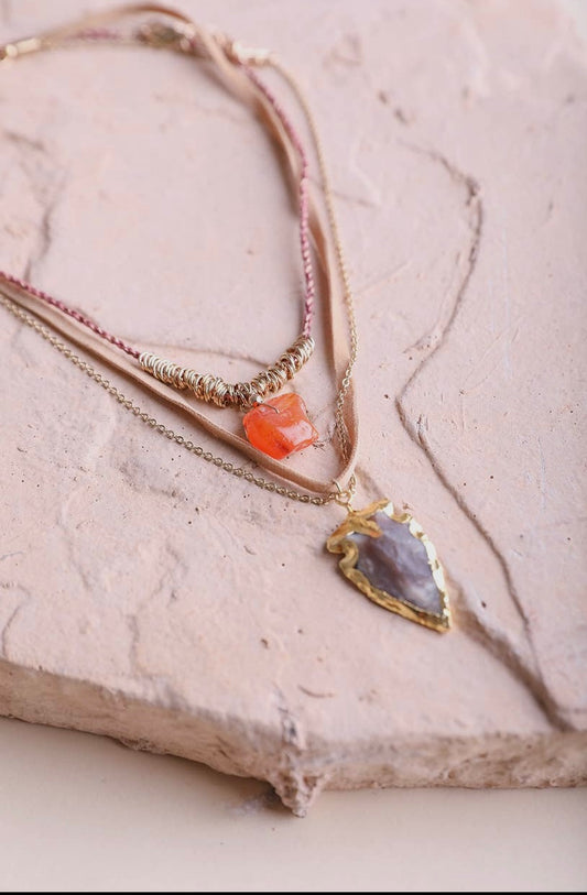 Carnelian & Brown Agate layered suede necklace